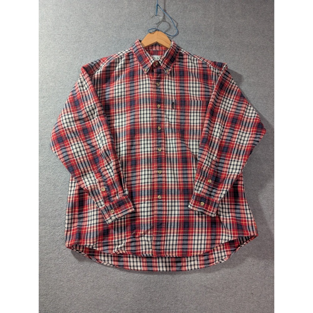 Vintage IZOD Tartan Plaid Flannel Shirt Mens L Red Cotton Hong Kong‎ 80s 90s